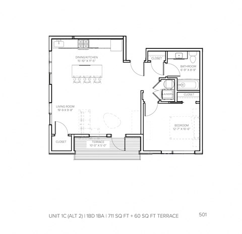 Floor plan for 1 bed, 1 bath, 713 sqft